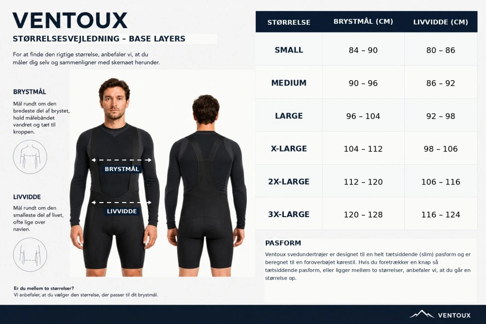 Størrelsesguide til Ventoux baselayers og svedtrøjer