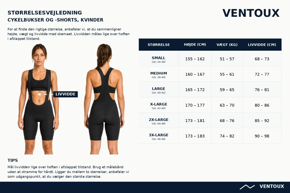 Størrelsesguide til Ventoux cykelbukser og cykelshorts, dame