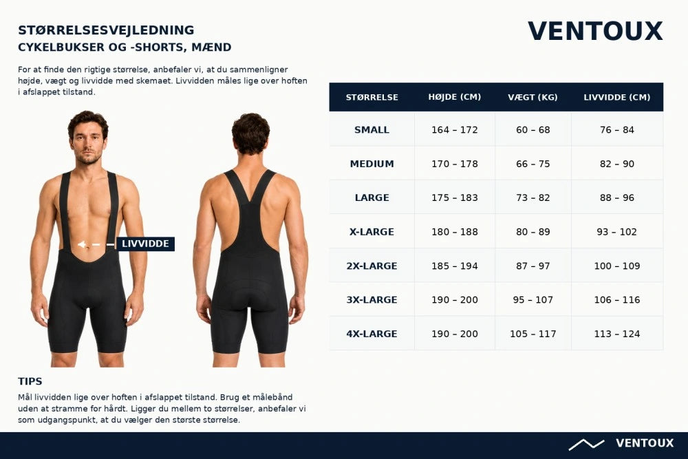 Størrelsesguide til Ventoux cykelbukser og cykelshorts, herre