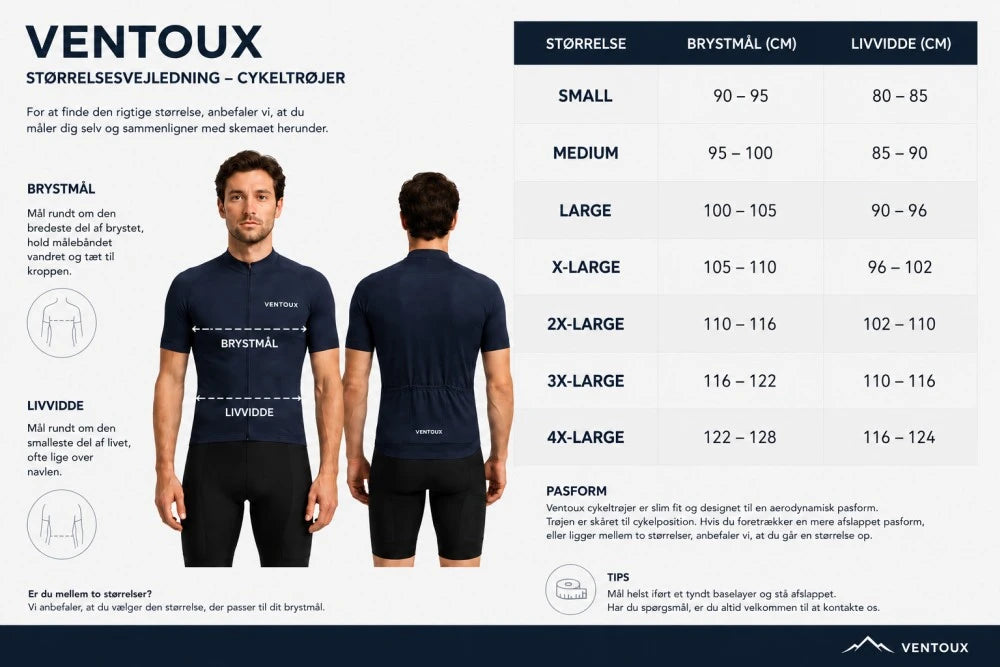 Størrelsesguide til Ventoux cykeltrøjer, herre