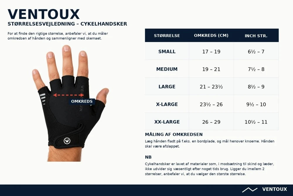 Størrelsesguide til Ventoux cykelhandsker
