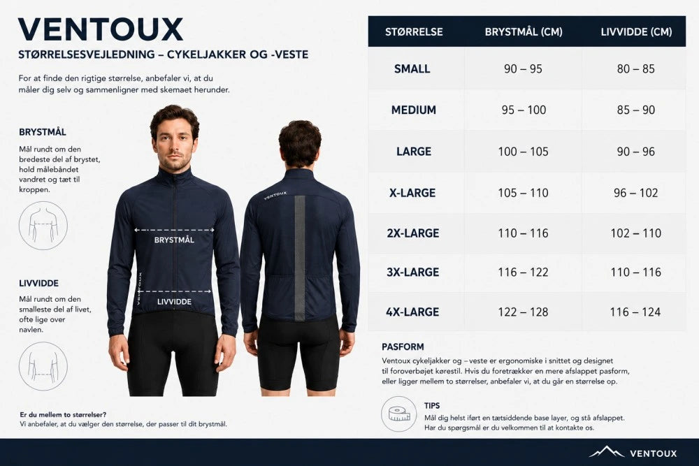 Størrelsesguide til Ventoux cykeljakker og cykelveste